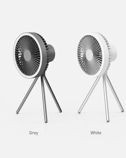 Portable camping fan available in gray and white