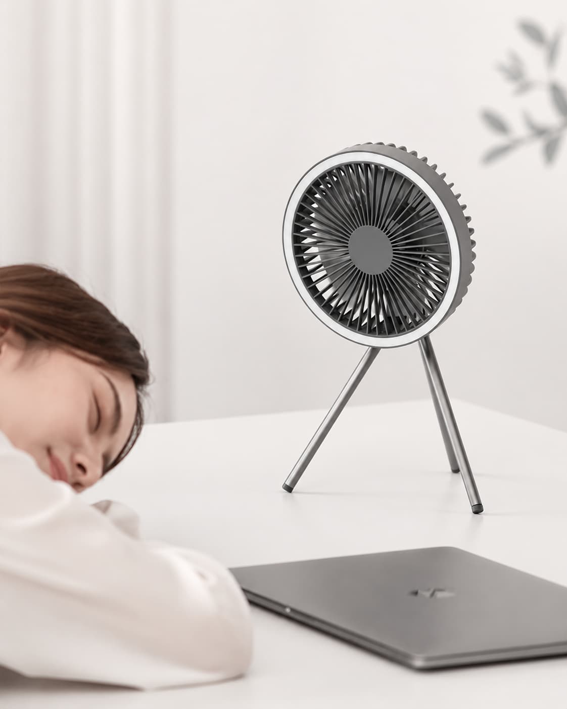Portable camping fan for desktop workspace