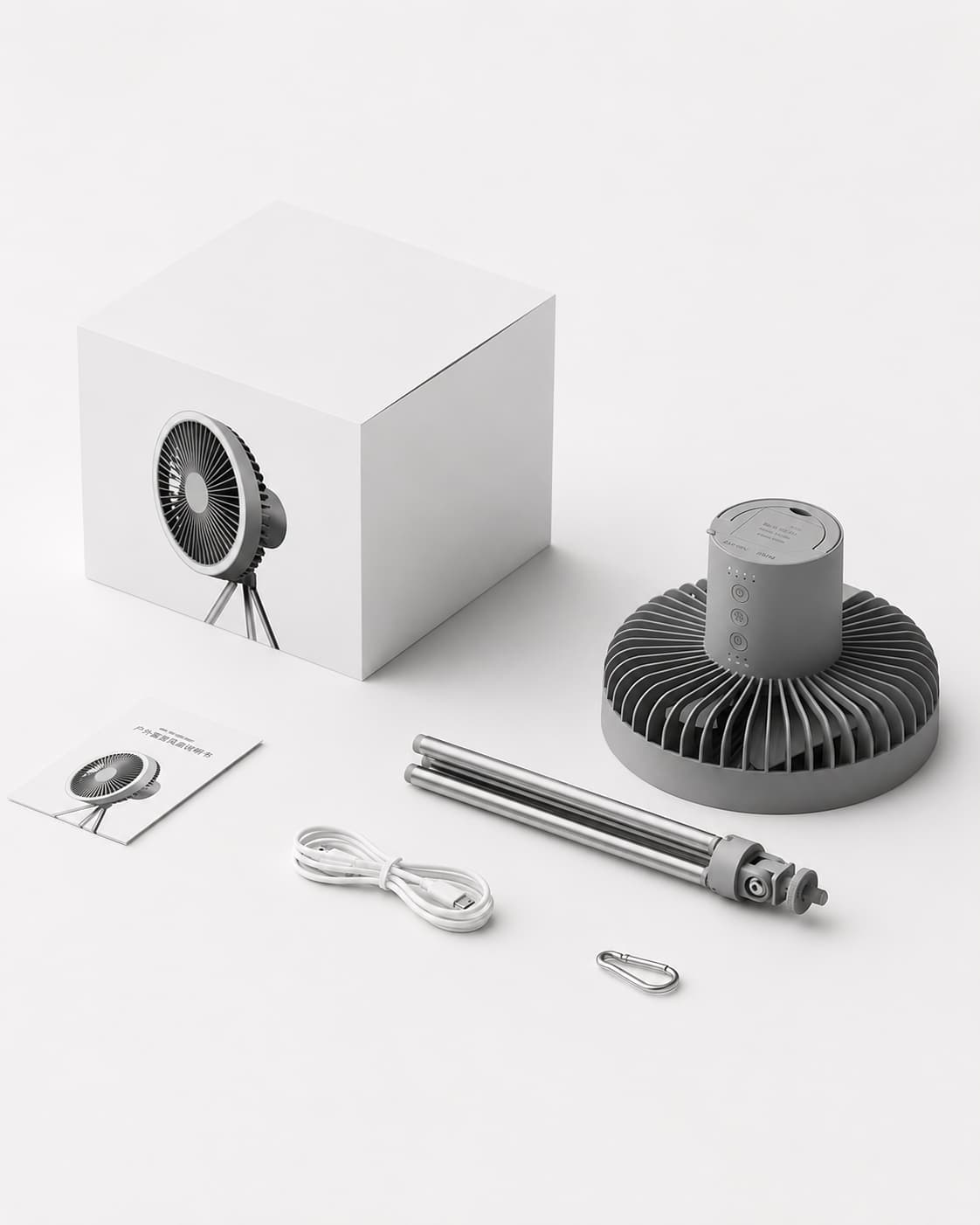 Portable camping fan package with tripod, USB cable and accessories