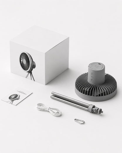 Portable camping fan package with tripod, USB cable and accessories
