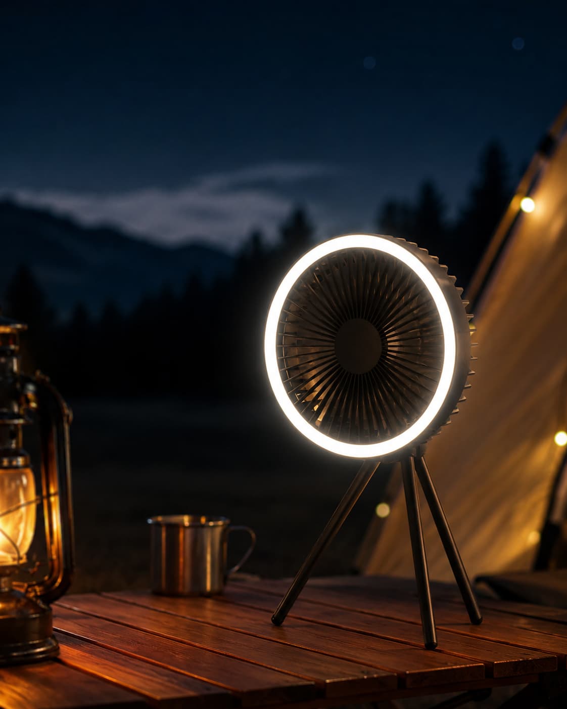 Portable camping fan with LED light at campsite