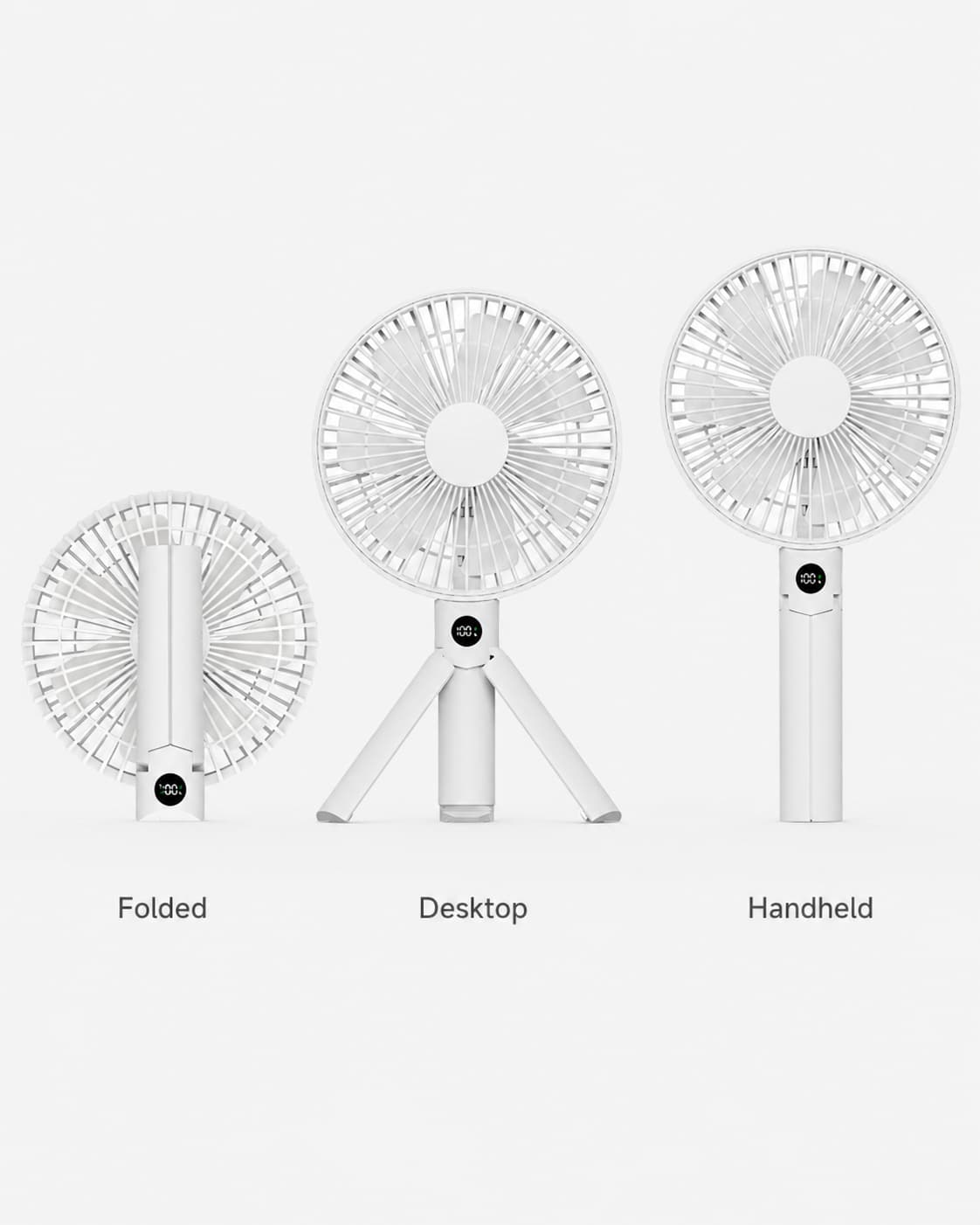 Portable fan with handheld, desktop and folded modes