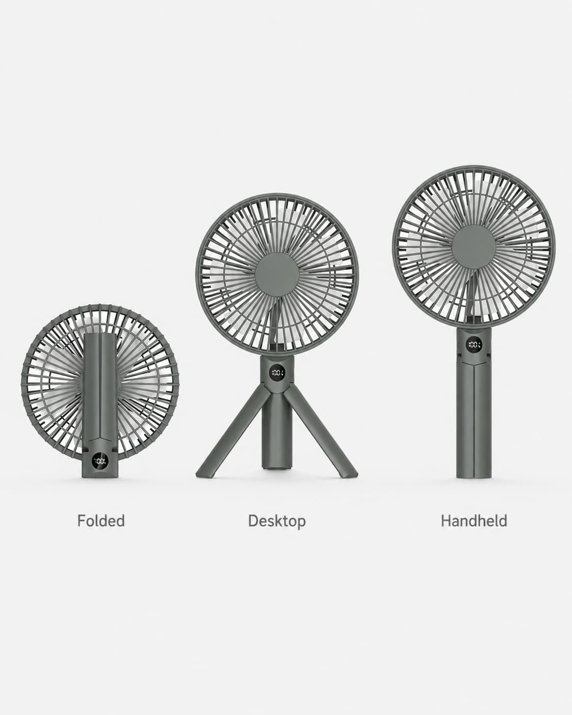 Portable fan with handheld, desktop and folded modes