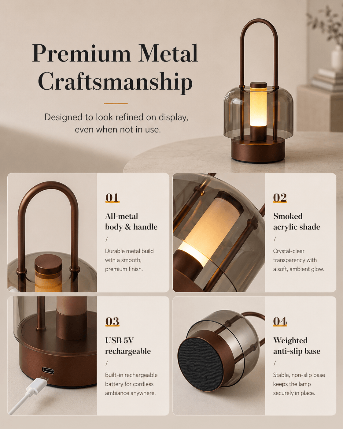 Diagram of portable table lamp highlights premium metal build, smoked acrylic shade, USB rechargeable port, and weighted anti-slip base