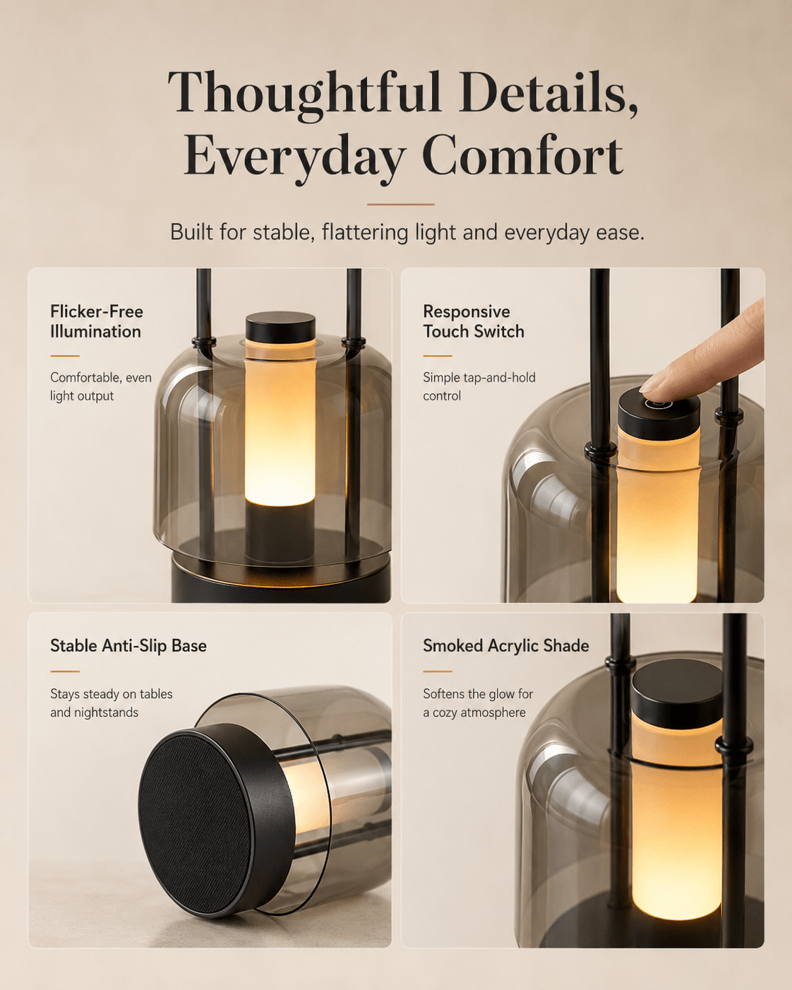 Diagram of portable table lamp showcasing flicker-free light, responsive touch switch, stable anti-slip base, and smoked acrylic shade
