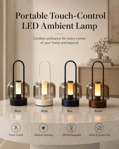 4 color lineup of cordless rechargeable LED table lamps featuring touch control, stepless dimming, and indoor outdoor versatility