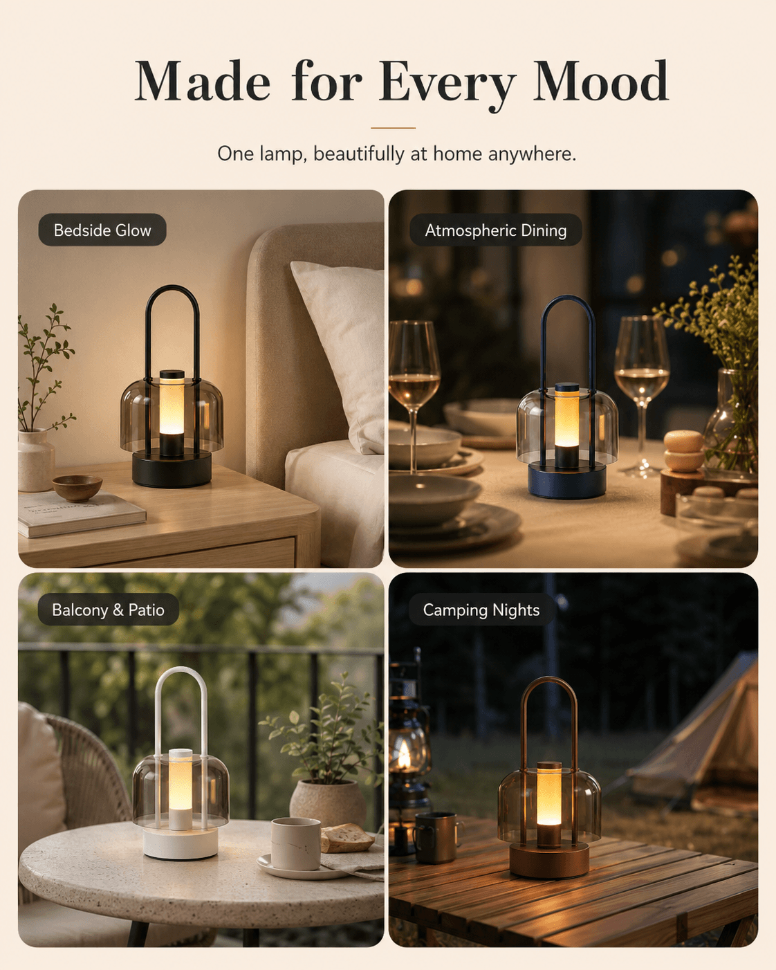 Versatile rechargeable LED lamp for bedside glow, atmospheric dining, patio, and camping night lights