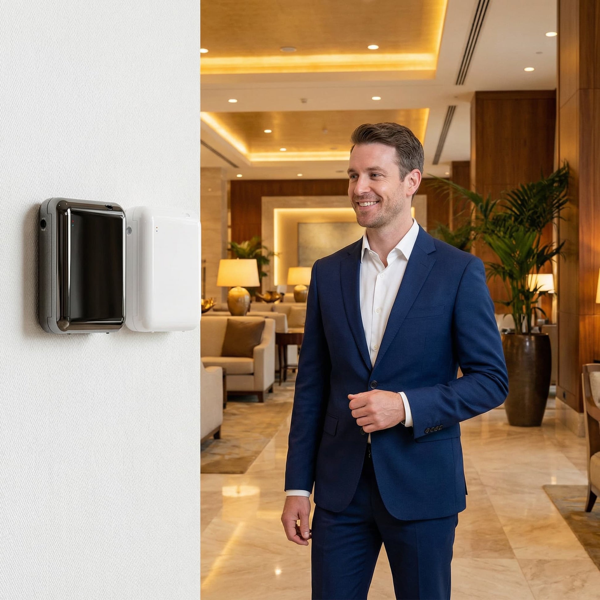 StellTails SL-02 sleek waterless scent diffuser mounted discreetly on a hotel wall, offering a subtle commercial fragrance upgrade without disrupting luxury interior design.