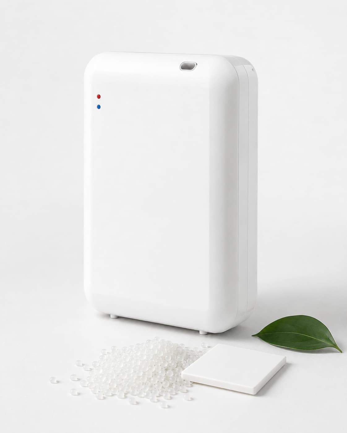 StellTails SL-02 sleek white waterless scent diffuser crafted from durable eco-friendly PP material with green leaf and resin granules.