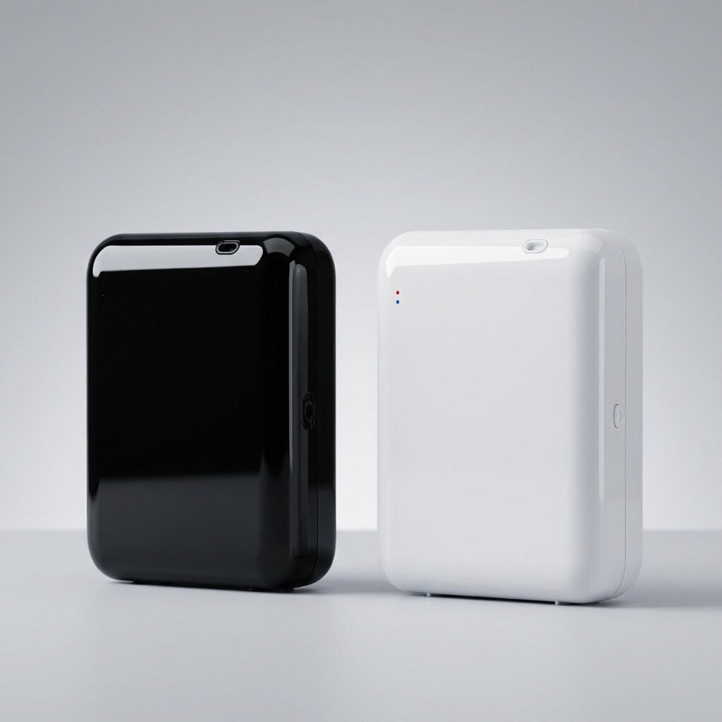 StellTails SL-02 waterless scent diffusers shown side-by-side in black and white finishes, highlighting sleek pebble-inspired design with smooth rounded edges.