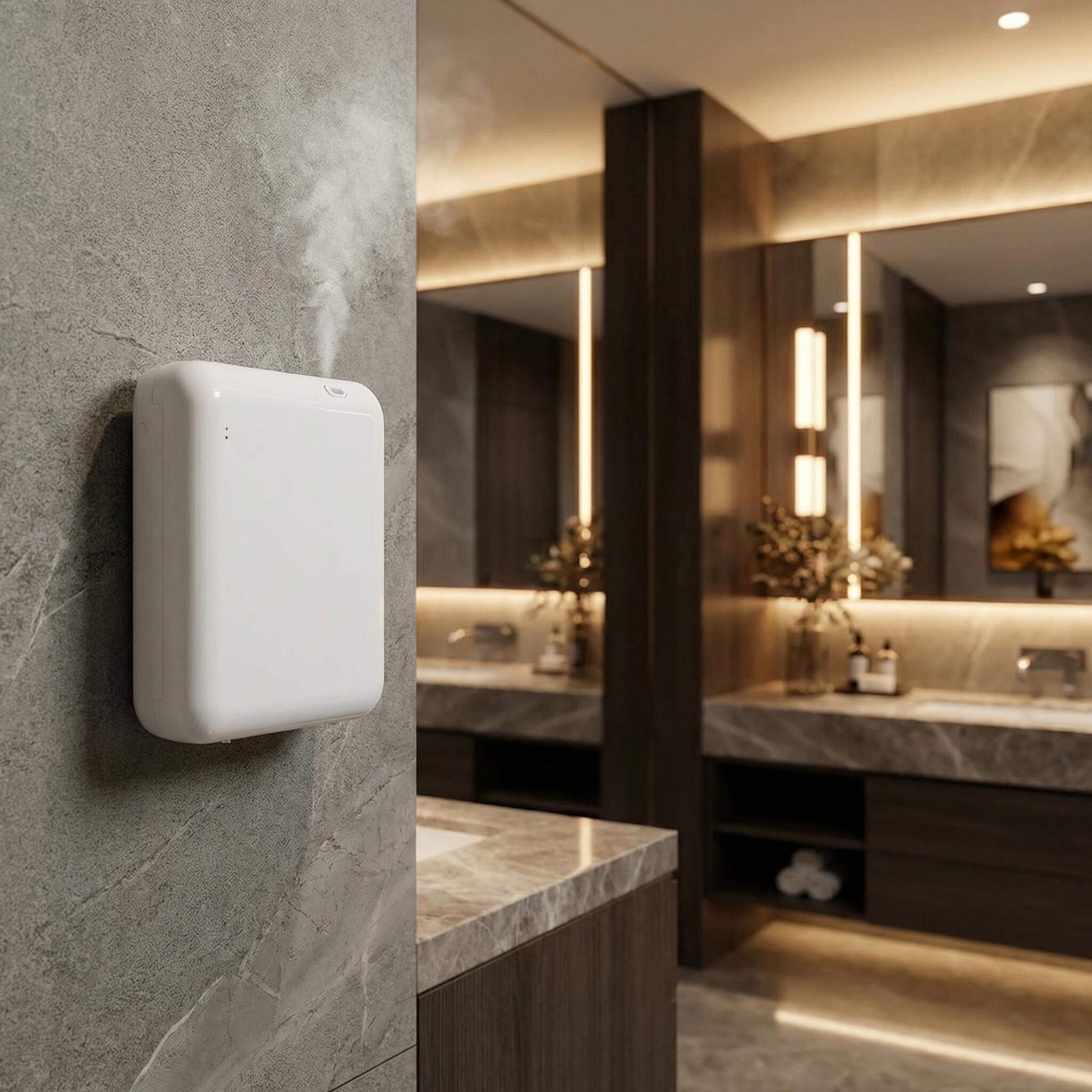 StellTails SL-02 white waterless scent diffuser mounted discreetly on a luxury hotel restroom wall, dispersing a subtle mist to elevate high-traffic commercial spaces.