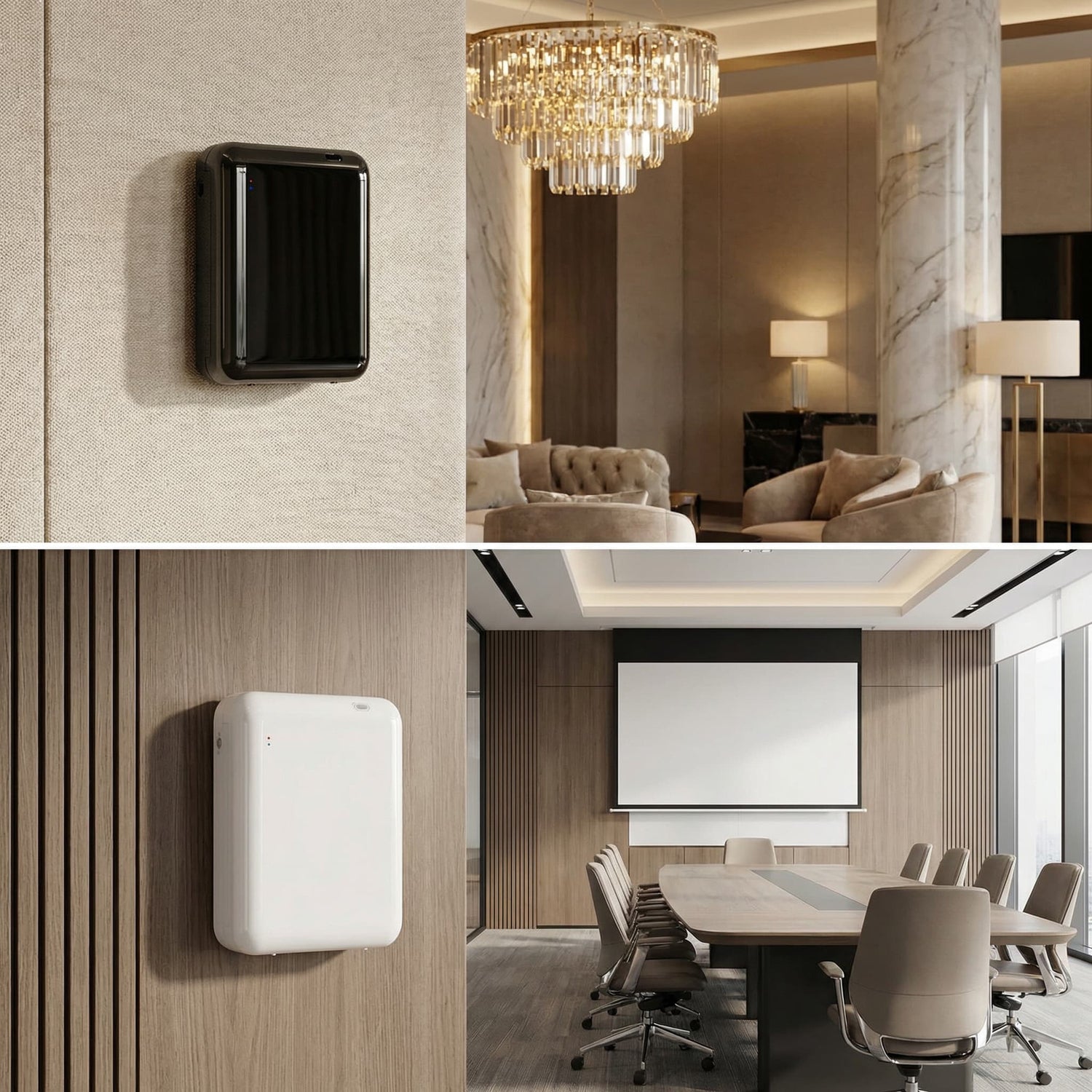 StellTails SL-02 waterless scent diffuser mounted in a modern home living space and a commercial public environment, highlighting versatile wall-mount installation.