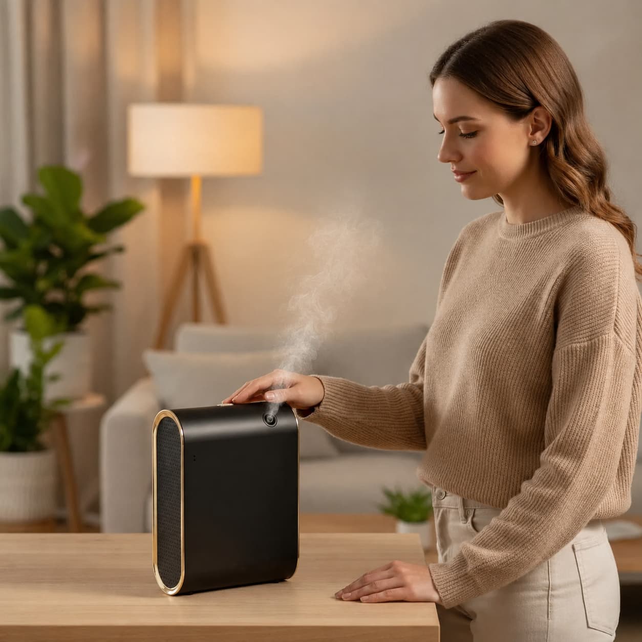 Sleek minimalist essential oil atomizer adding subtle ambient fragrance and elegant decor to everyday living spaces.