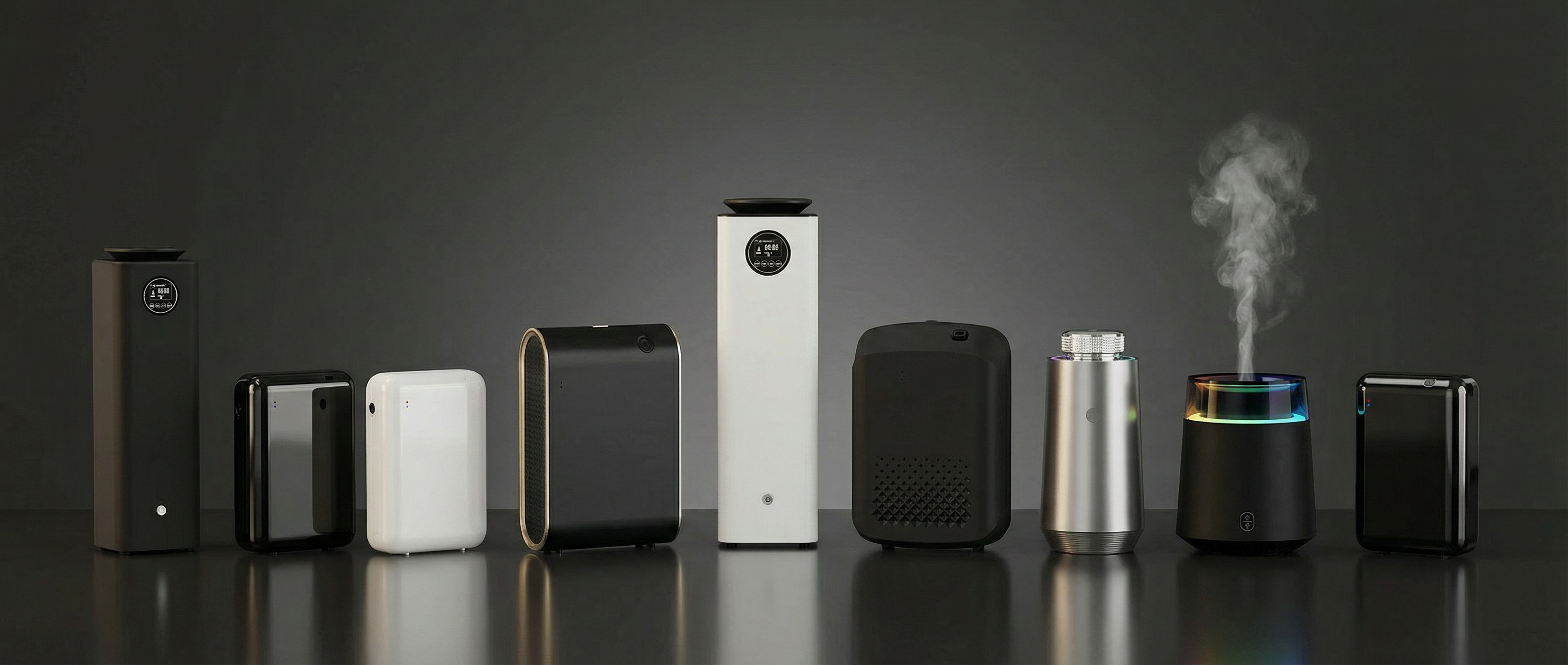 Complete collection of stelltails sleek smart aroma diffusers and car fragrances releasing gentle mist in a modern setup.