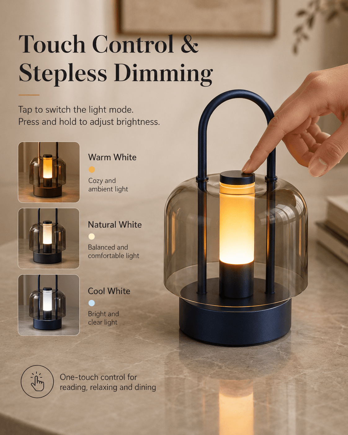 Touch control dimmable portable table lamp showing warm, natural, and cool white light color temperatures