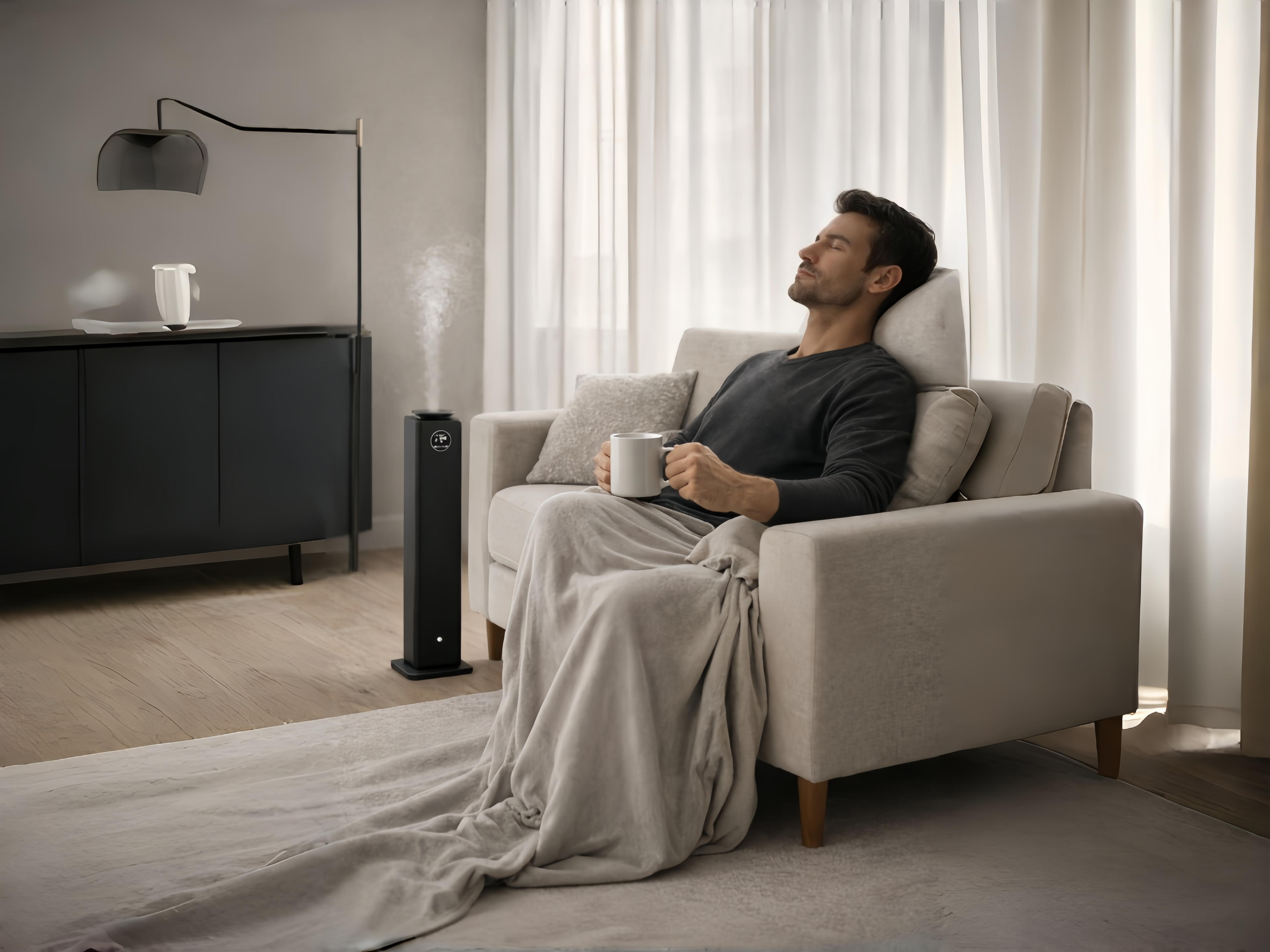 Man relaxing on a sofa in a modern living room with a sleek black waterless scent diffuser creating a cozy, fragrant atmosphere.