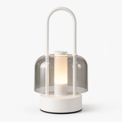 White rechargeable touch-control ambient lamp featuring metal body and top carry handle