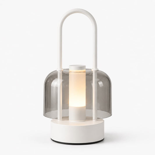White rechargeable touch-control ambient lamp featuring metal body and top carry handle