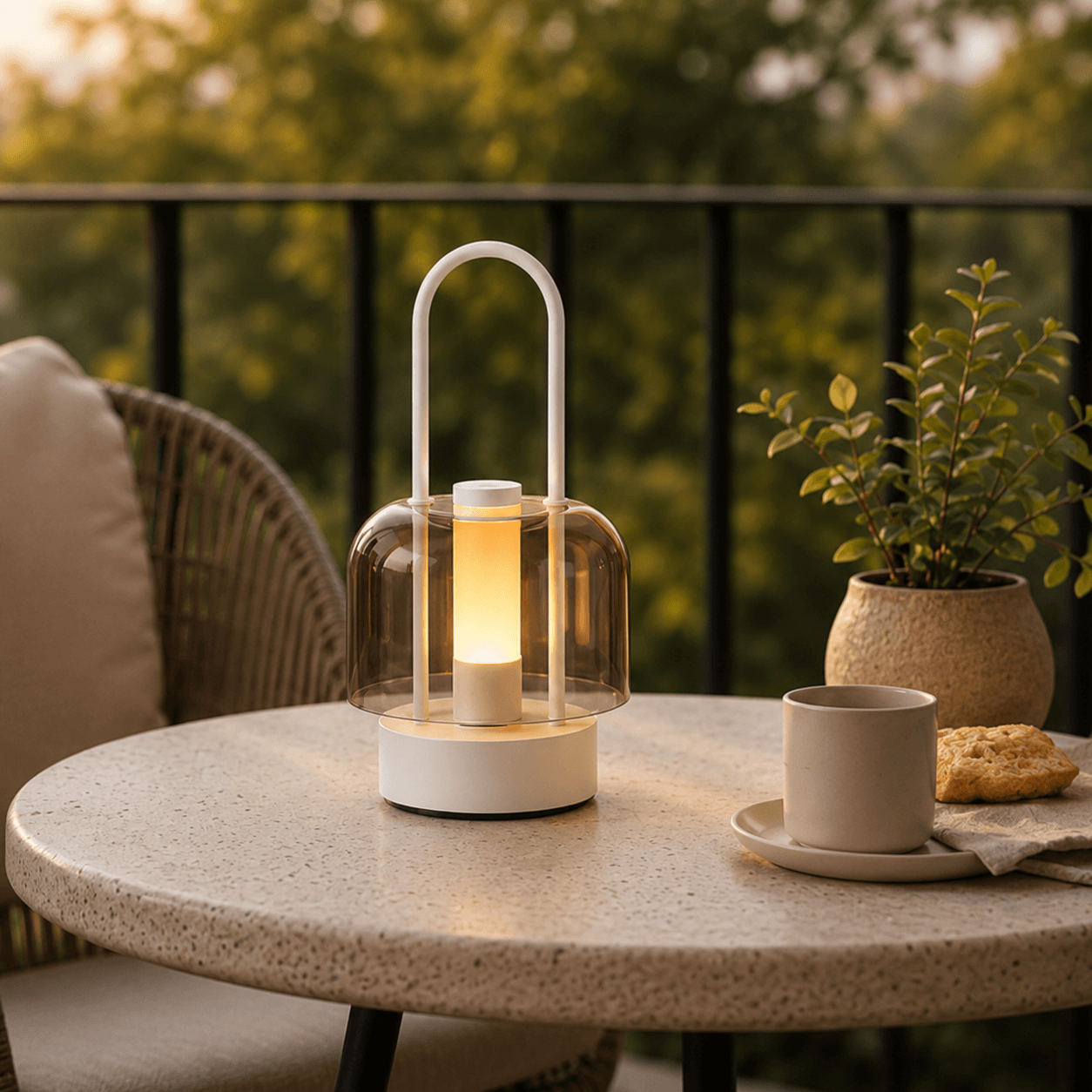 White rechargeable portable LED lamp glowing softly on balcony bistro table for evening relaxation