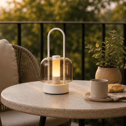 White rechargeable portable LED lamp glowing softly on balcony bistro table for evening relaxation