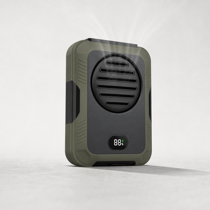 TurboClip waist fan with circular air outlet, digital battery display and rugged silicone frame