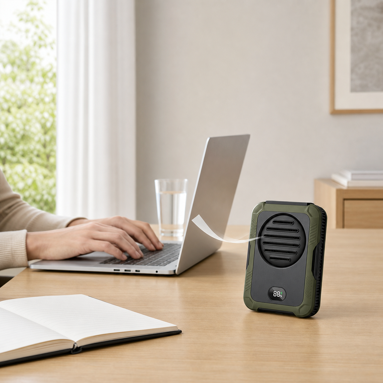 Green TurboClip portable desk fan cooling a minimalist home office workspace