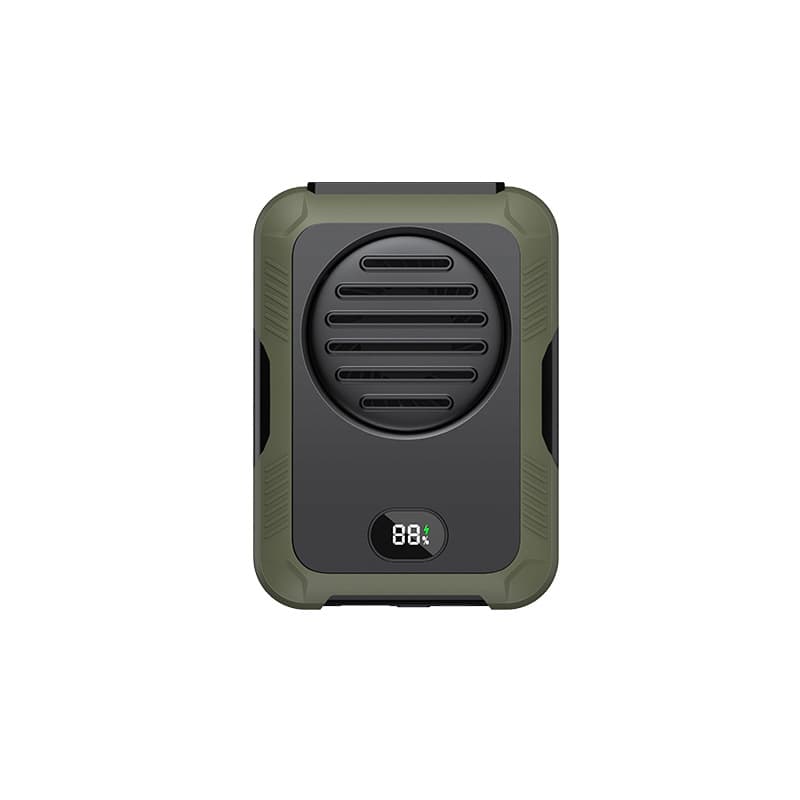StellTails TurboClip portable waist fan in minimalist dark green gear-like style.