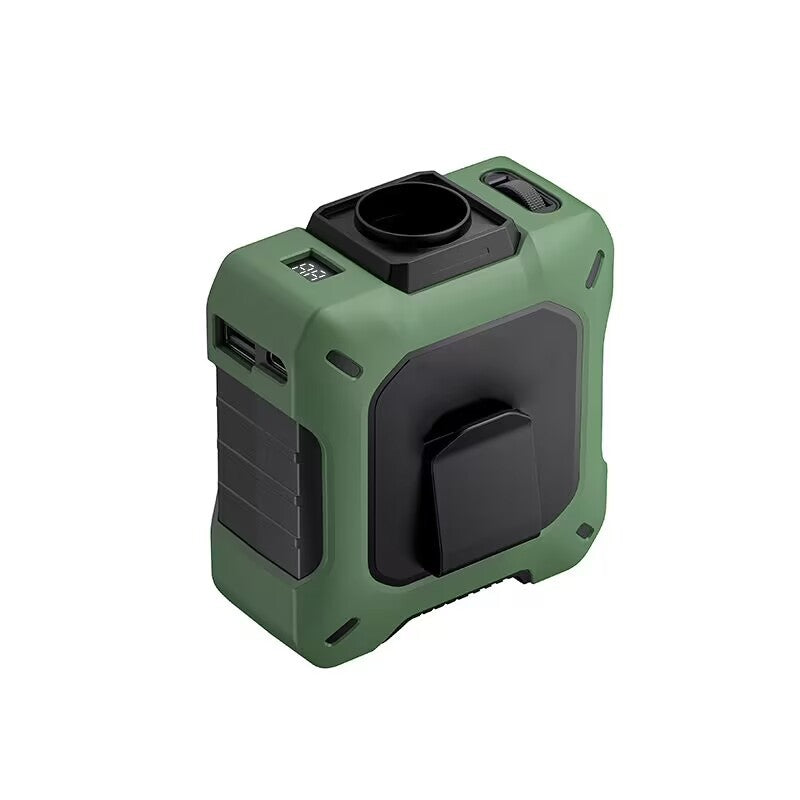 A high-performance brushless motor wearable fan delivering strong directional airflow, close-up details.