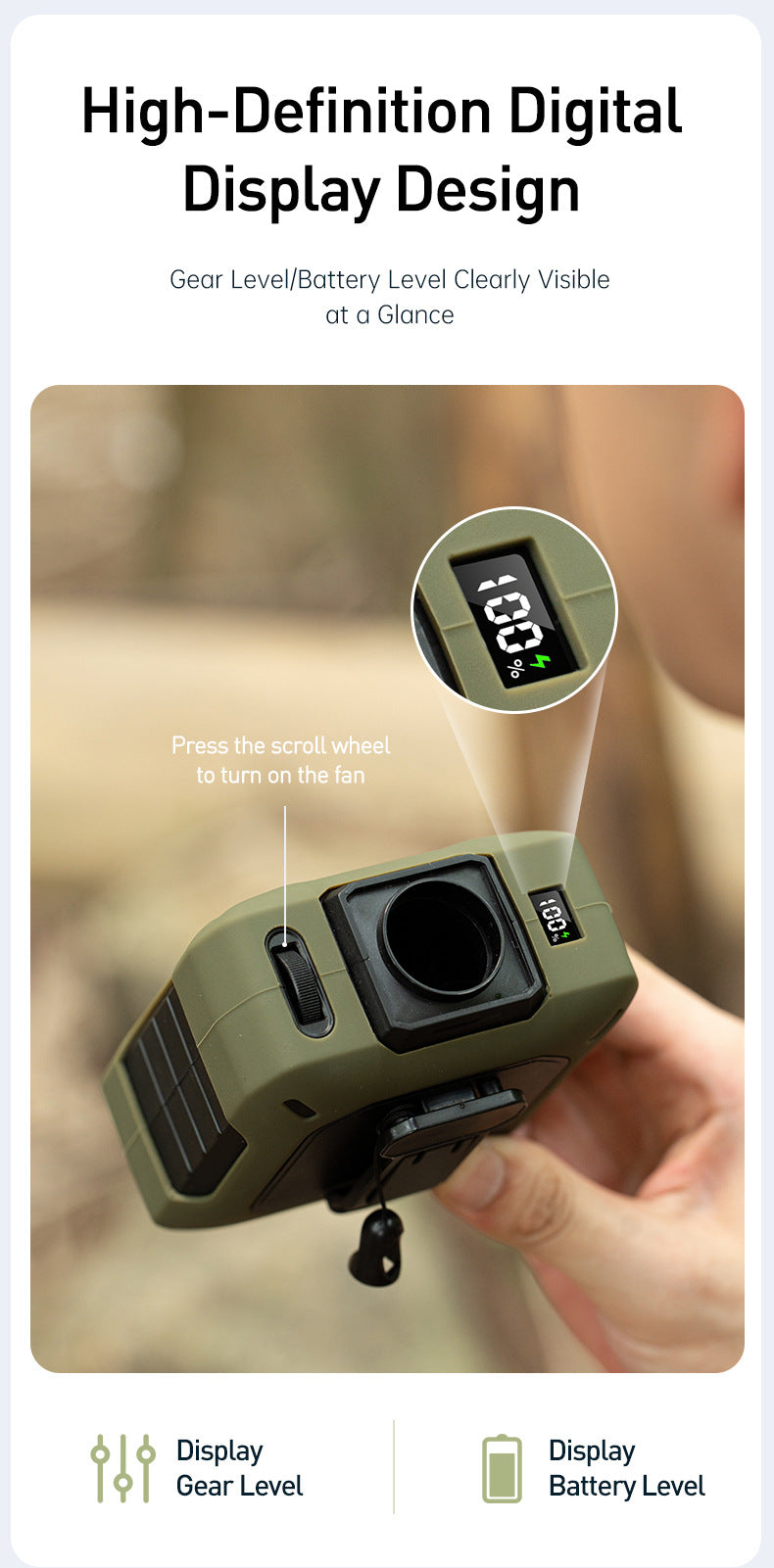 Tactile scroll wheel for 100-level stepless custom cooling control on a personal portable fan.