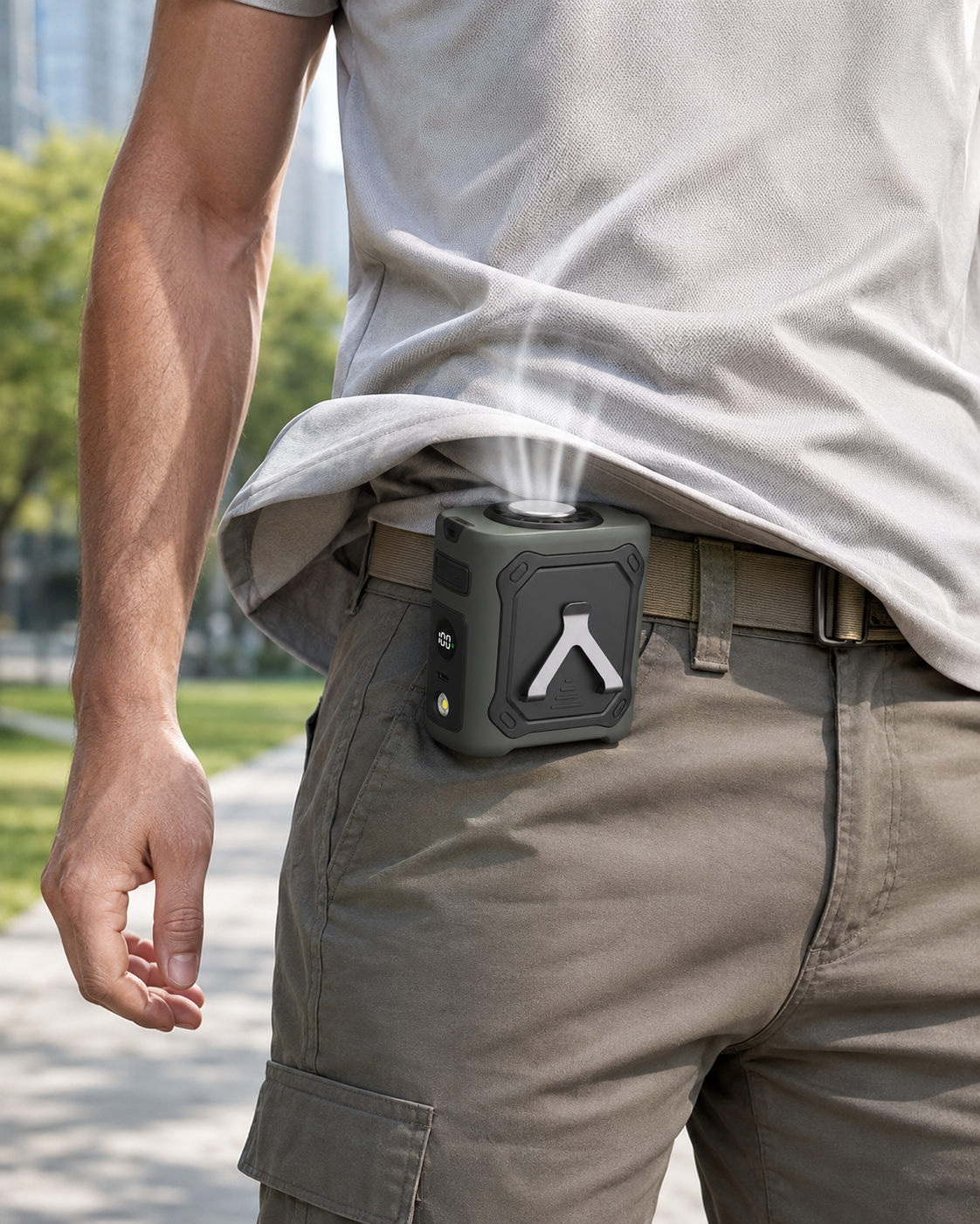 Close-up of the two-level cooling plate on an army green wearable waist fan