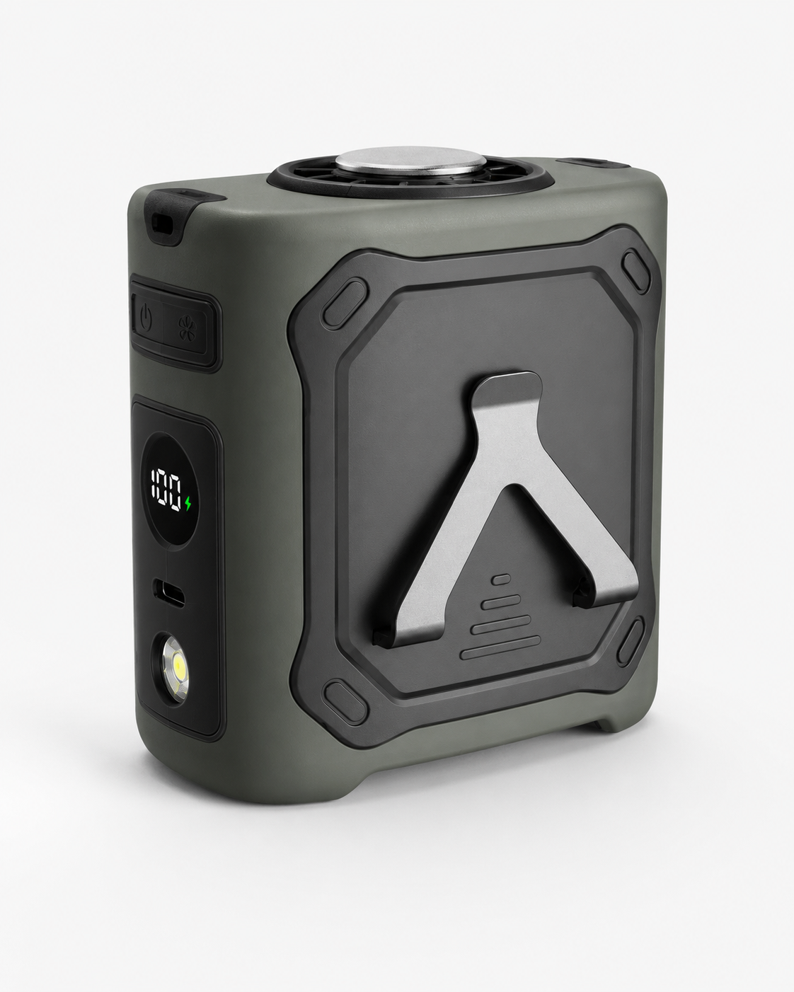 Wearable cooling waist fan clipped to utility pants for powerful hands-free outdoor airflow