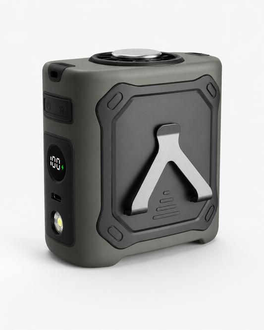 Wearable cooling waist fan clipped to utility pants for powerful hands-free outdoor airflow