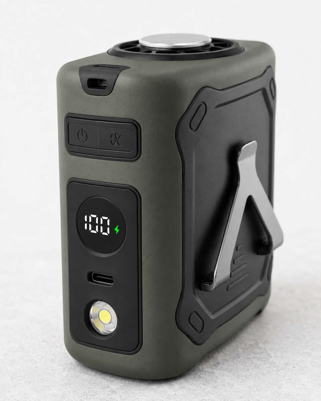 Army green wearable cooling waist fan with digital display, turbine airflow and metal belt clip