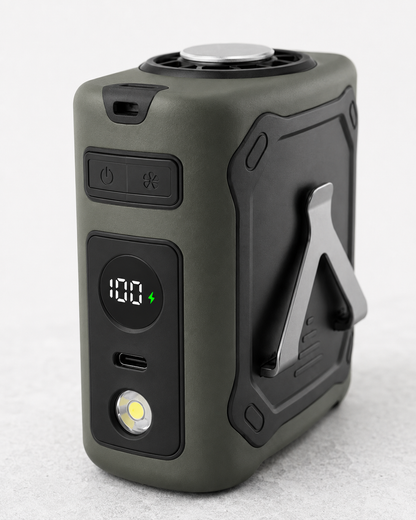 Army green wearable cooling waist fan with digital display, turbine airflow and metal belt clip
