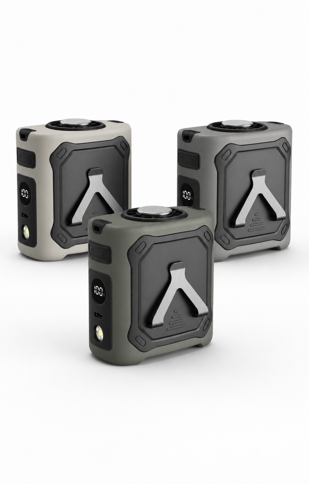 Wearable cooling waist fans in army green, khaki and graphite gray color options