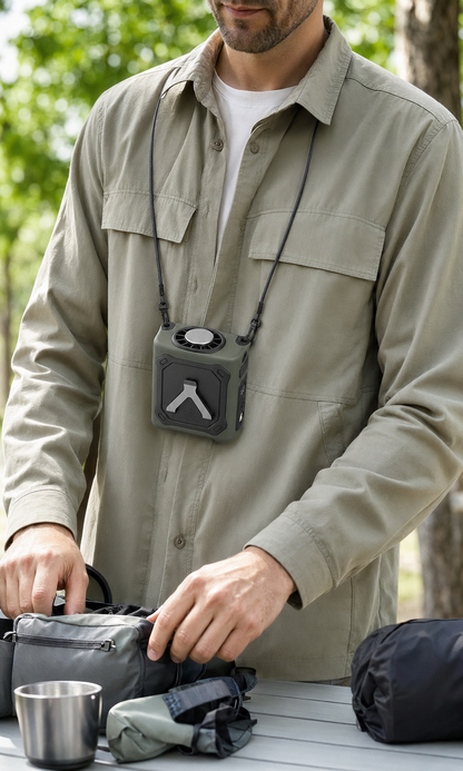 Compact cooling fan worn with a neck lanyard for hands-free outdoor cooling