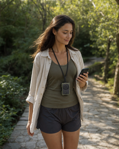 Green wearable fan on a neck lanyard providing hands-free cooling during a summer walk