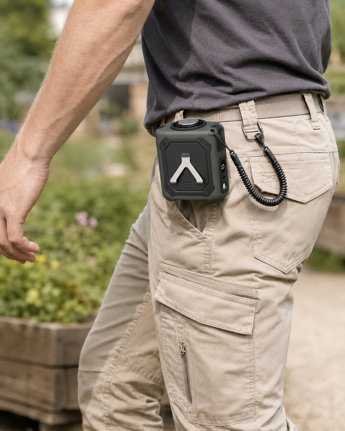 Wearable cooling waist fan clipped to utility pants for powerful hands-free outdoor airflow